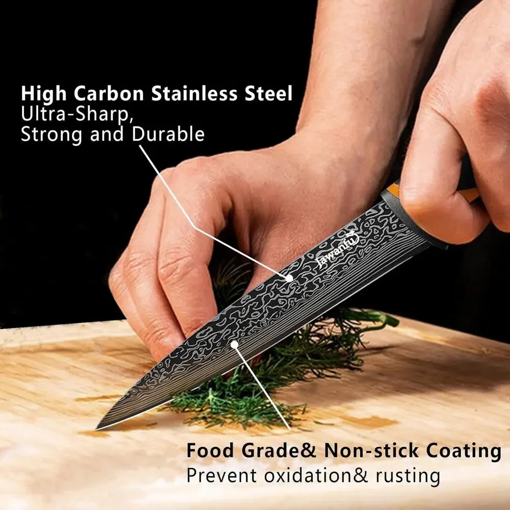 Jawanfu 8 Piece Knife Set Black & Orange Damascus Pattern NIB